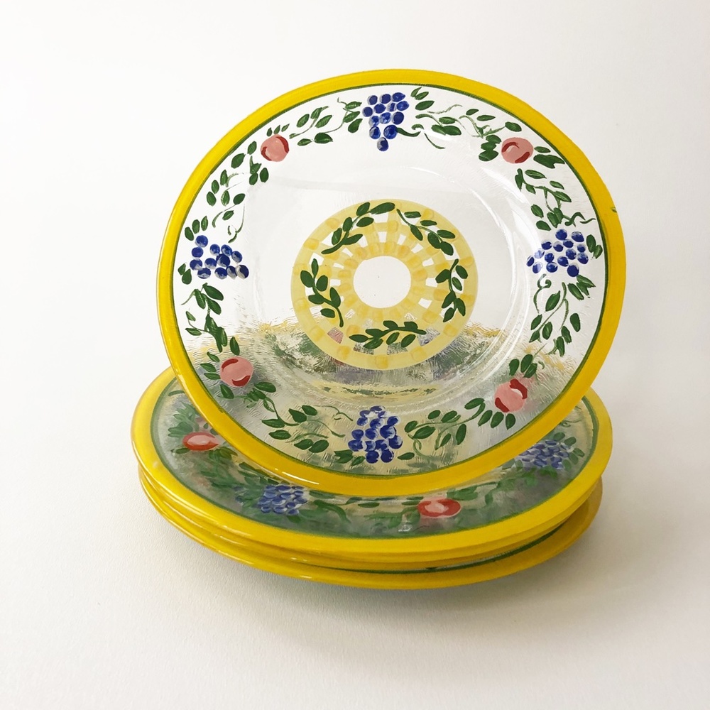 Hand Painted Glass Dessert Salad Plate Yellow Rim Fruit MacKenzie Childs Style